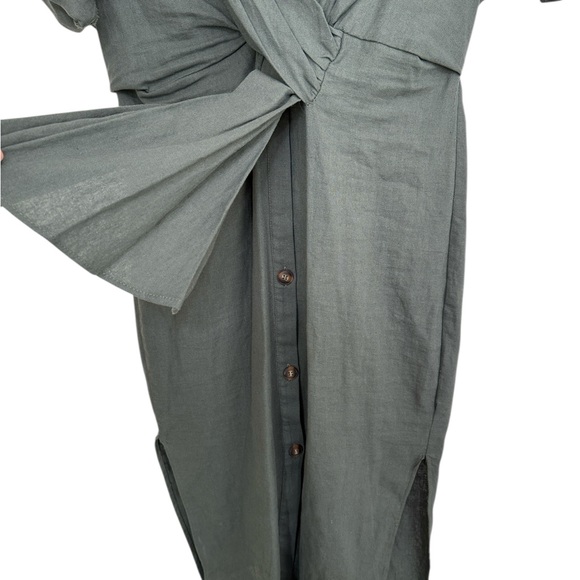Zara Green Dress Size Medium Linen Blend Midi Length Short Sleeve - Picture 5 of 11